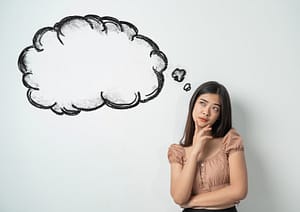 girl looking up to blank bubble speech
